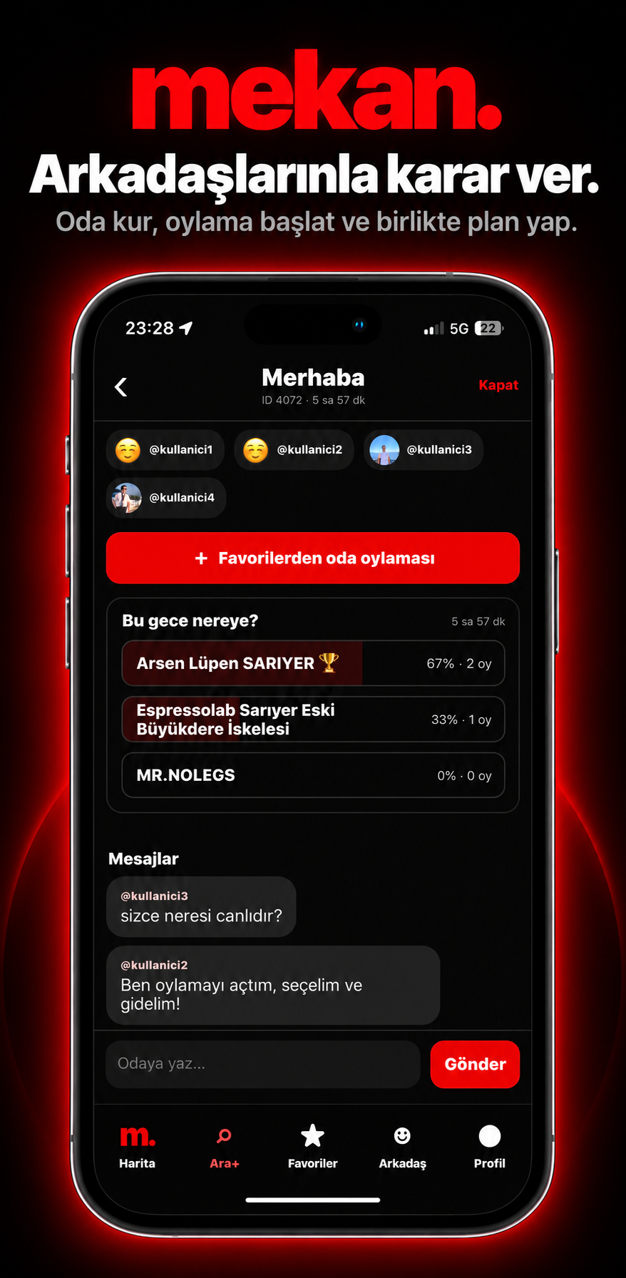 Arkadaş odası ve oylama ekranı